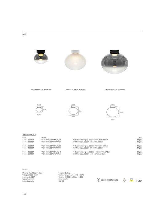 VK Lighting Ceiling Flush Mount Light 30cm White with Integrated LED