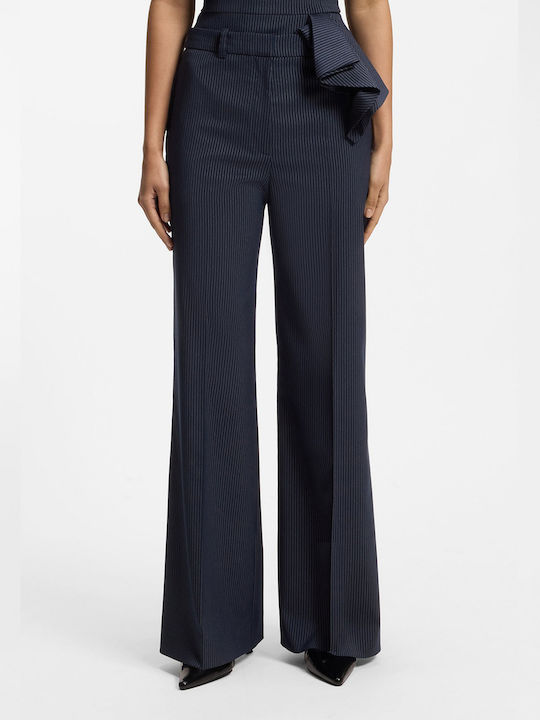 Women's High Rise Fabric Trousers in Regular Fit Striped Navy Blue