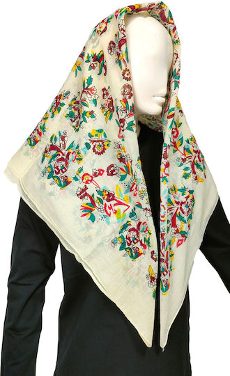 Traditional Attica Menidi Headscarf Ecru Coloured Flowers Mark215 Ivory Flowers