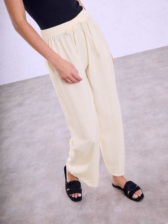 Celestino Γυναικεία Παντελόνα Ανάγλυφο Ύφασμα Loose Fit Μπεζ Ανοιχτό