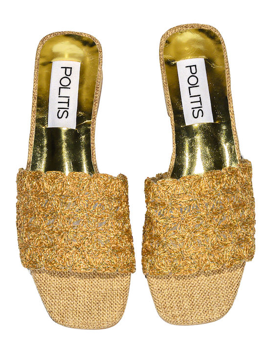 Leather Mules With Low Heel In Gold Colour