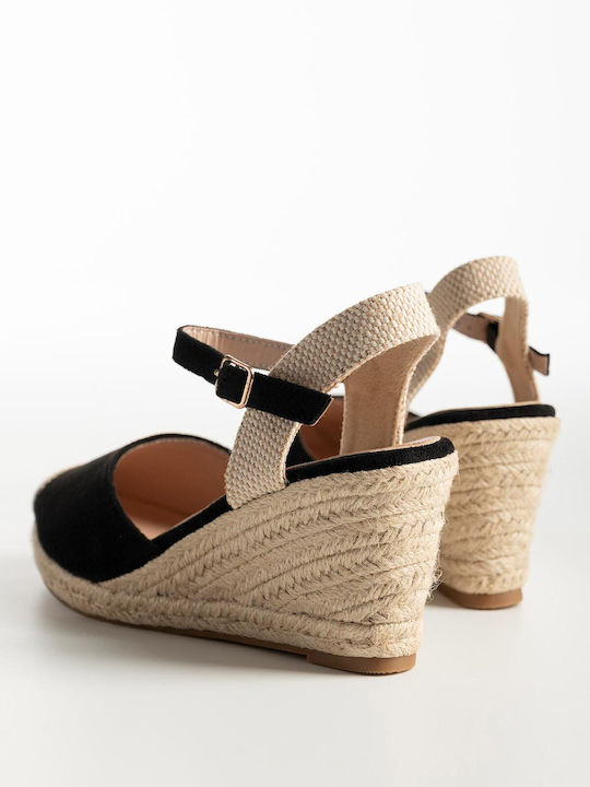 Suede Platforms Rope Sole & Buckle Women's 77-609 Black Synthetic Suede