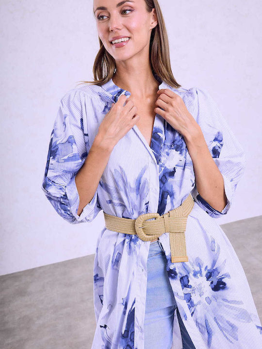 Celestino Women's Shirt Dress Balloon Sleeve Loose Fit Blue