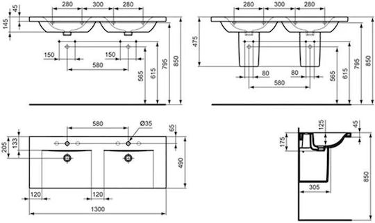 Ideal Standard Connect Chiuvetă Porțelan 130x49x17.5cm Albă