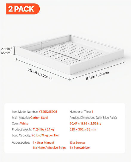 Vevor Closet Organizer Sliding Drawer 2 Pcs Expandable 310-480 Mm Depth 520 Mm White Bsll21ycbs2gcpxd7001v0
