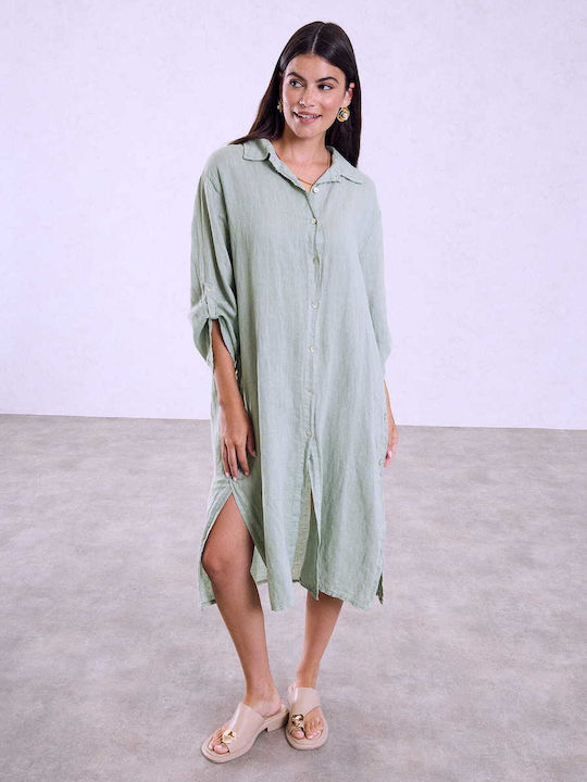 Celestino Women's Midi Linen Loose Fit Khaki Open Dress