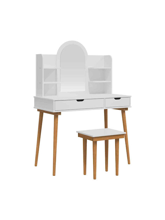 Bodenstehende Schminktisch aus Massivholz Weiß mit Spiegel & Hocker 100x50x143cm