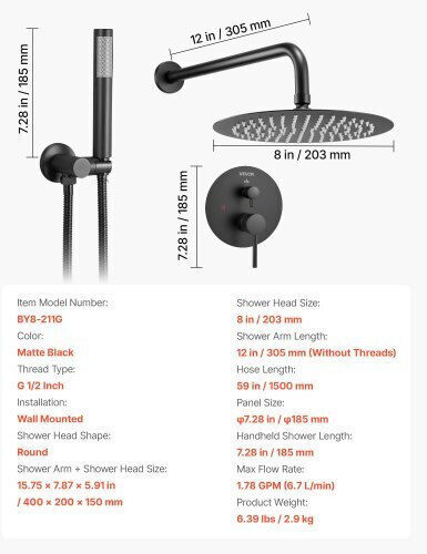 Vevor Built-in Mixer & Shower Head Set for Shower Black 197988527213