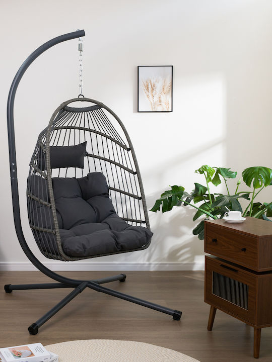 Egg Chair Swing with Stand and Pillow Rattan Grey L104xW100xH197cm