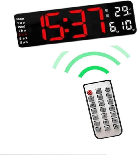 Digital Wall Clock LED Display 13 Inches Remote Control Dual Use 16961-6629 Black Frame/red-white Digits