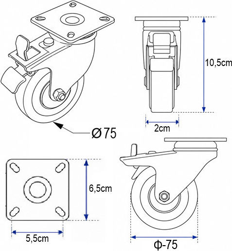 Heavy-Duty Swivel Furniture Wheel Finetto Φ-75mm Gray No 220-100b86f75x