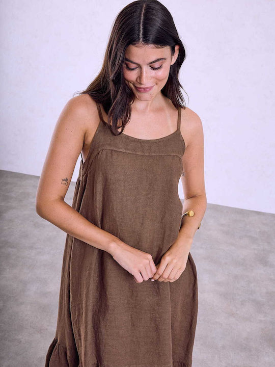Celestino Rochie de damă Midi din in cu legare la spate Loose Fit Maro