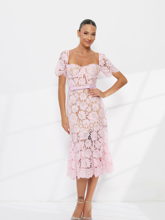 Mermaid Summer Midi Slip Dress for Wedding / Christening with Lace Pink