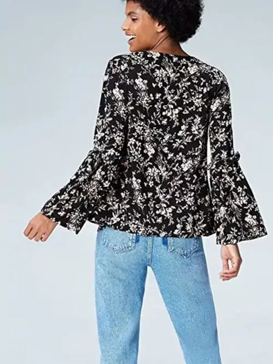 Bluza Damă Mânecă Lungă cu Decolteu în V Model Floral Neagră
