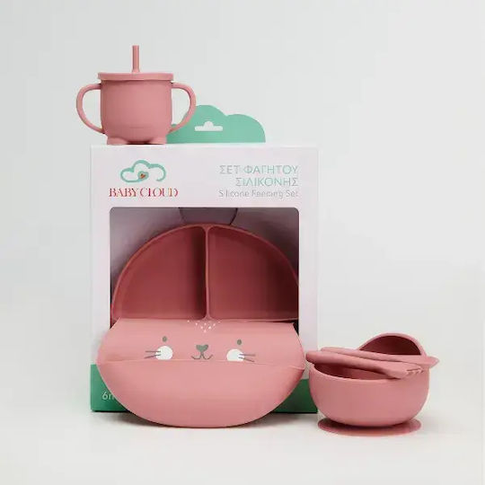 Baby Cloud Feeding Set Kitten made of Silicone with Non-Slip Base Pink 6pcs