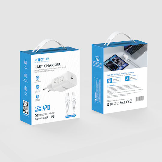 Veger Încărcător GaN cu Port USB-C și Cablu USB-C - USB-C 45W Power Delivery / SuperCharge Alb (TR101-45W1C)