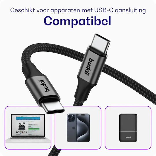 Buddi Flex Cable USB-C male - USB-C 100W Μαύρο 5m