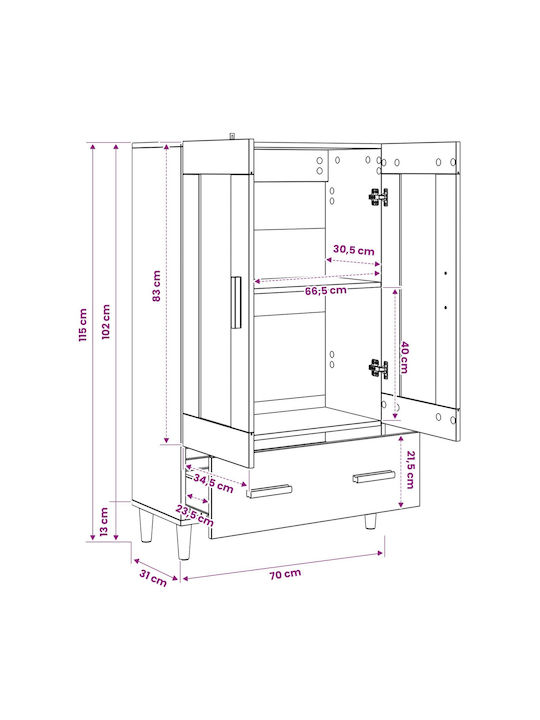 Wall Living Room Display Cabinet Made of Wood & Metal with Windowed Aged Wood 70x31x115cm