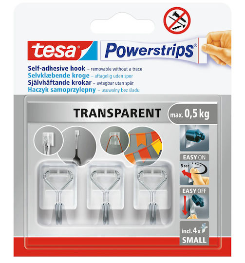 Tesa Plastic Transparent Hangers with Sticker 3 Pieces