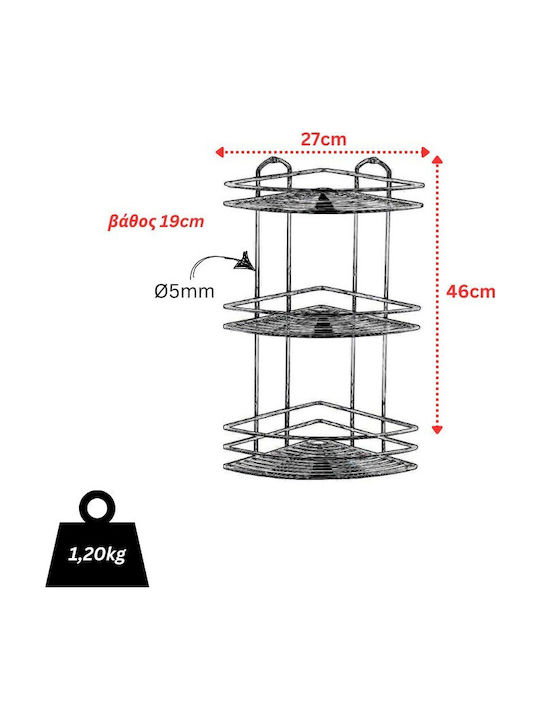 Tekno-Tel 455.BK023/ST Γωνιακή Επιτοίχια Ραφιέρα Μπάνιου Inox με 3 Ράφια 27x19x46cm Ασημί