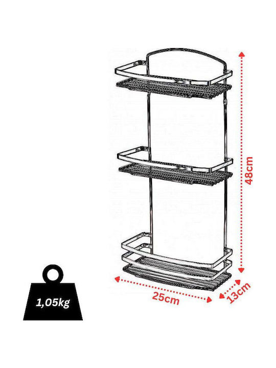Tekno-Tel 455.BK086/BL Επιτοίχια Ραφιέρα Μπάνιου Inox με 3 Ράφια 25x13x48cm