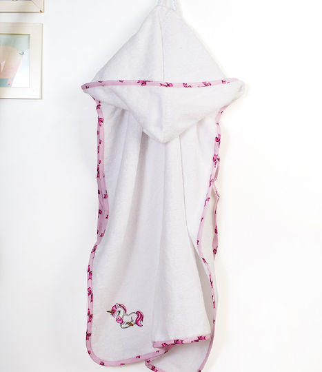 Dimcol Baby-Badetuch mit Kapuzen Unicorn Weiß-Pink 75x85cm
