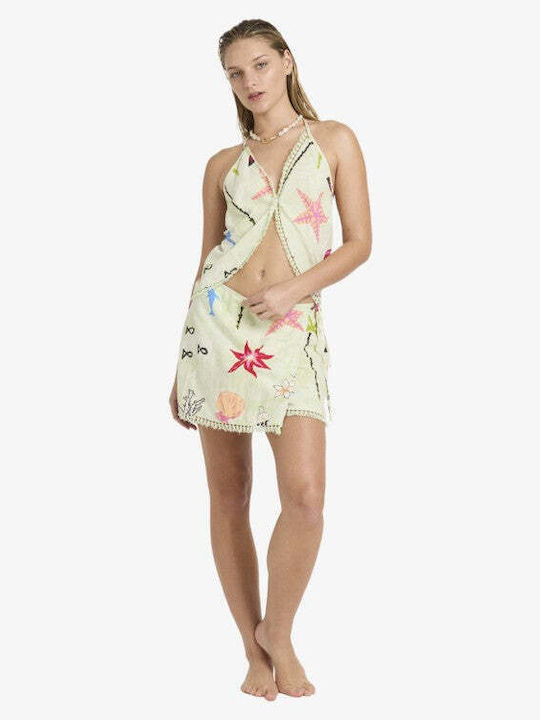 Women's Cotton Sleeveless Top with Neck Tie Floral Sunny Lime