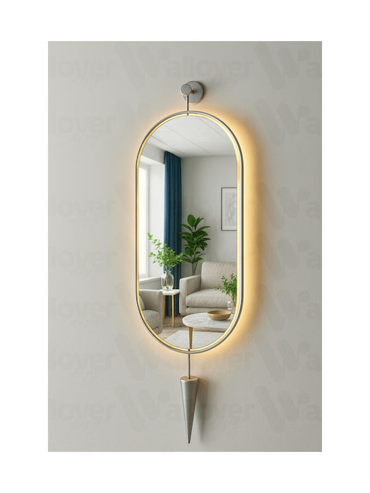 SteweHome Oval Wall Mirror with Gray Metallic Frame & LED Lighting 80x30cm