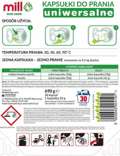 Mill Detergent pentru Culori & Alb Haine (30 Capsule)