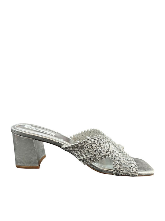 Mules with Chunky Low Heel in Silver Colour