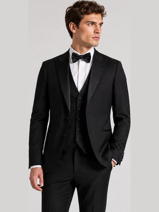 Winter Men's Groom's Suit with Vest Slim Fit Black