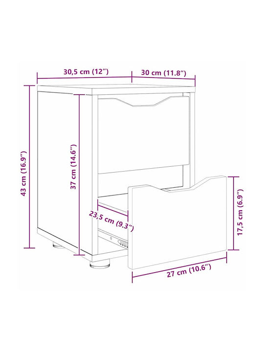 Wooden Brown Bedside Table 30.5x30x43cm