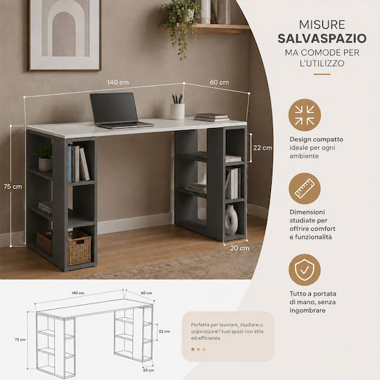 Birou Colmar Din Lemn Cu Birou Antracit / Alb 140x60x75cm