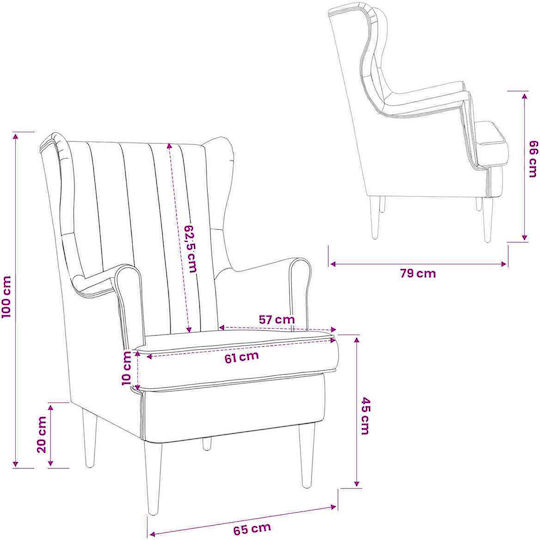 Velvet Blue Armchair 65x79x100cm