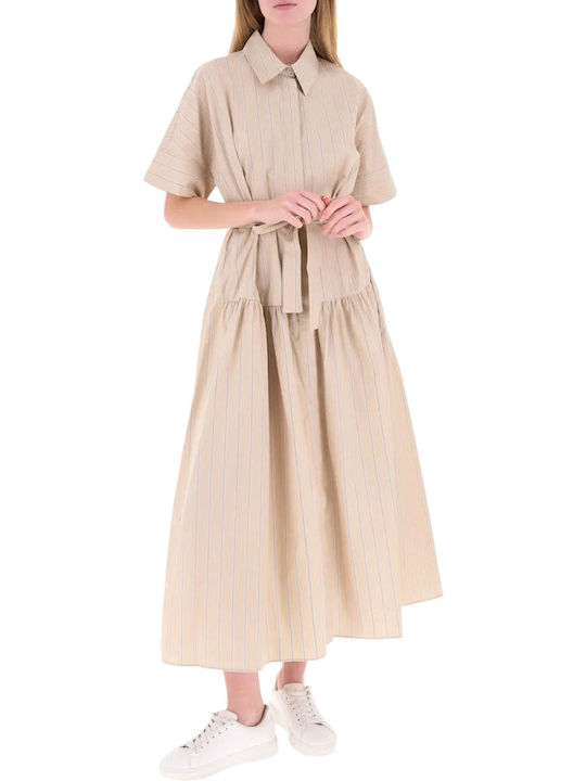 Summer Maxi Shirt Dress Short Sleeve Beige