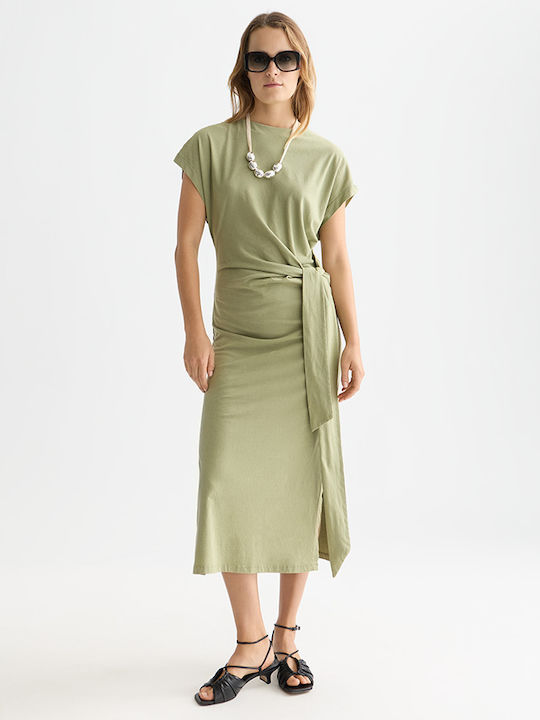 Summer Midi Dress with Tearing in Green