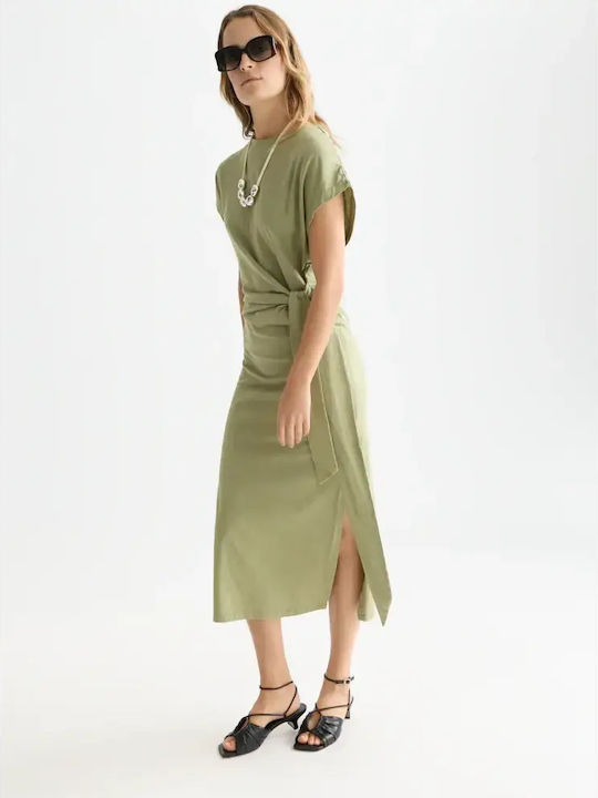 Summer Midi Dress with Tearing in Green