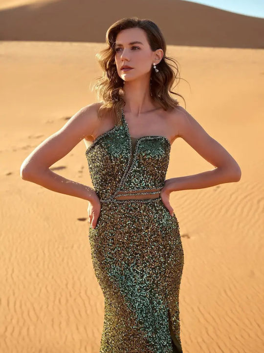 Summer Maxi Evening Satin Dress with Mesh Olive