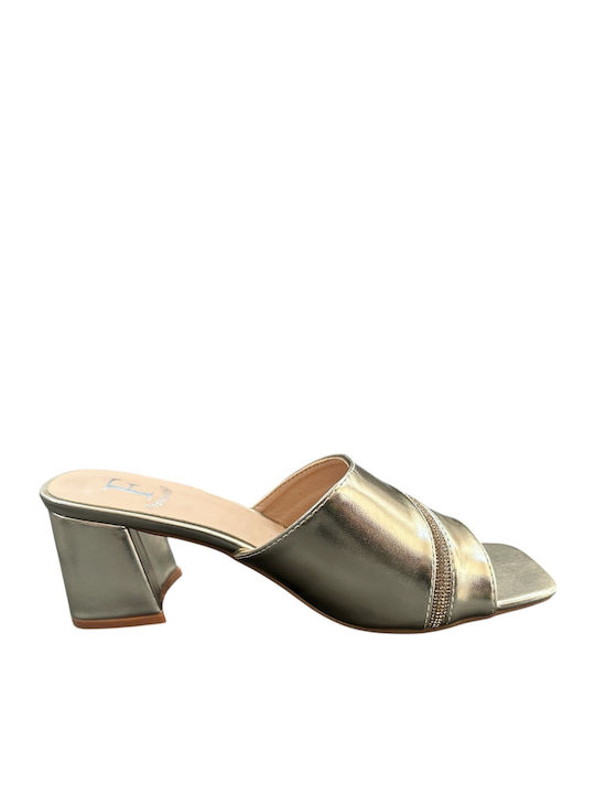 Mules With Chunky Low Heel In Gold Colour