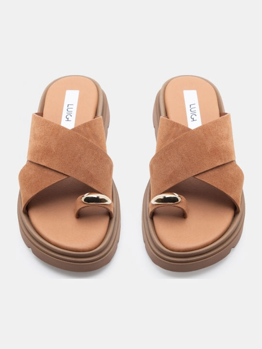 Leder Flache Damen Sandalen Flatforms Tabac Braun