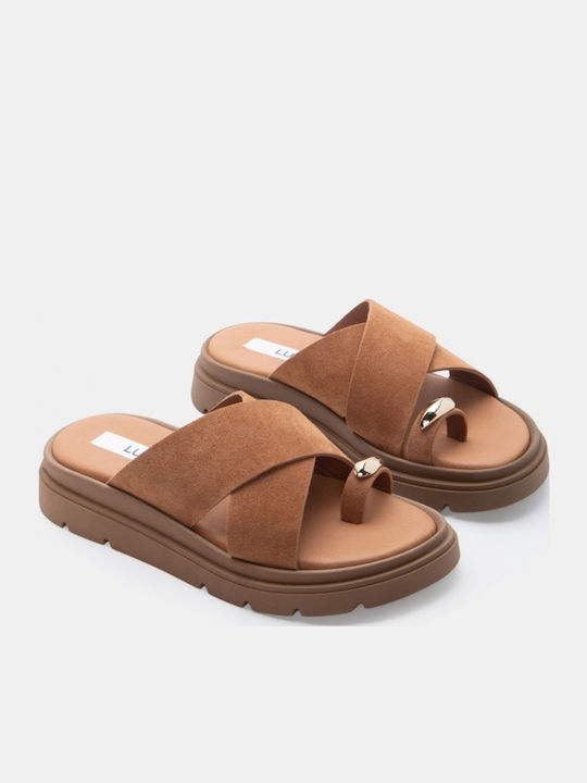 Leder Flache Damen Sandalen Flatforms Tabac Braun