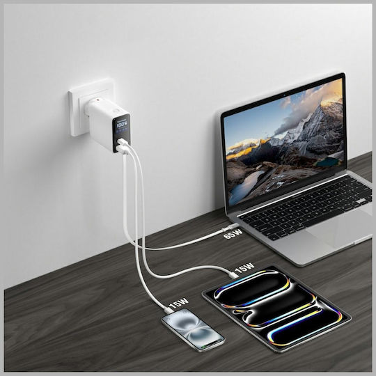 4Smarts Φορτιστής GaN με Θύρα USB-A και Θύρα USB-C και Καλώδιο USB-C 100W Power Delivery Λευκός (Flex Screen AI)