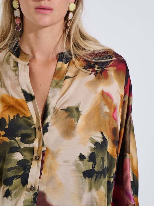 Long Sleeve Women's Satin Shirt Olive
