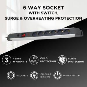 GSC Safety Power Strip 6 Sockets with Switch and 1.5m Cable Grey