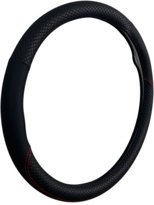 Leather Steering Wheel Cover 38 Cm Waves Black Red Stitching 1 Pc