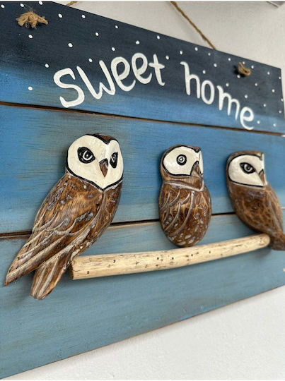 Stewehome Handmade Decorative Wall Painting Owl Wood Balcony Garden Blue 40x30 Cm