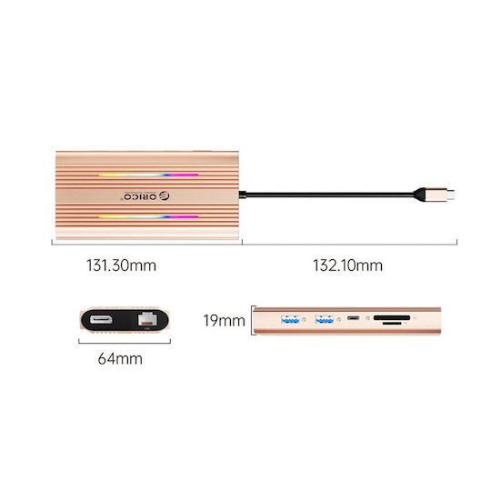 Orico XDR 12in1 RGB USB-C Docking Station με HDMI/DisplayPort 4K PD Ethernet Ροζ Χρυσό