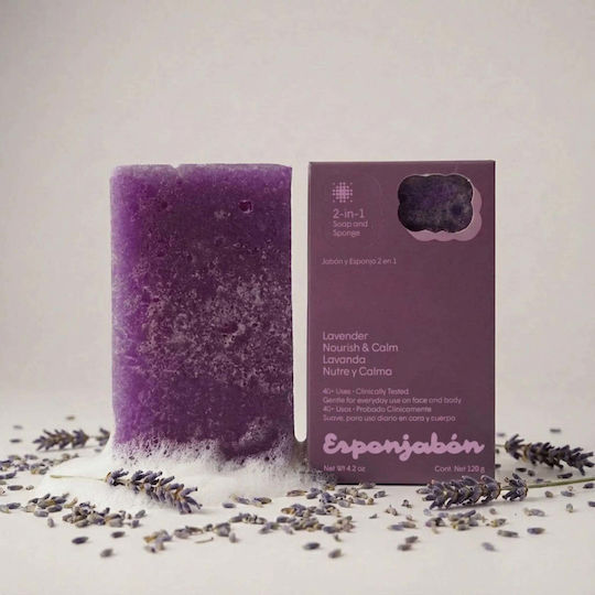 Burete de baie 2 în 1 cu săpun încorporat parfum de lavandă efect hrănitor calmant Esponjabon 120 gr