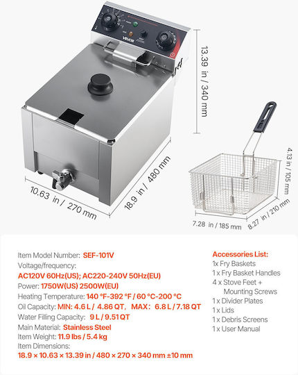 Vevor Elektrische Kommerzielle Fritteuse 2.5kW Kapazität pro Korb 6.8lt
