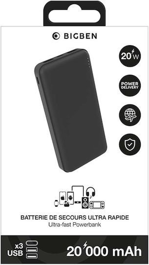BigBen Connected Power Bank 20000mAh 20W mit 2 USB-A Ausgangsanschlüsse und USB-C Ausgangsanschlüsse Power Delivery Schwarz